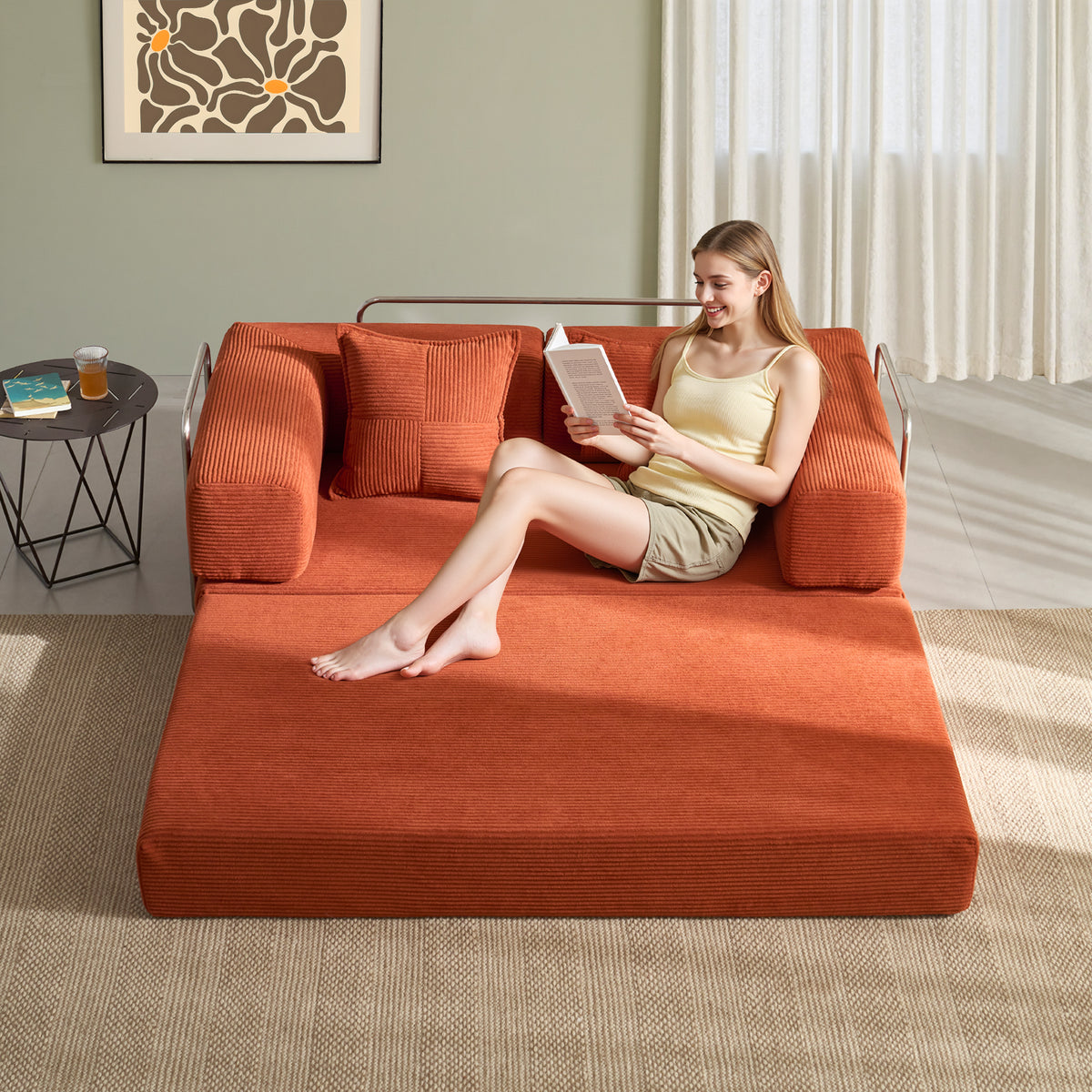 YINIX 62.9" Convertible Sleeper Sofa Bed with 2 Pillows, Removable Floor Sofa Couch for Living Room Small Spaces, Orange