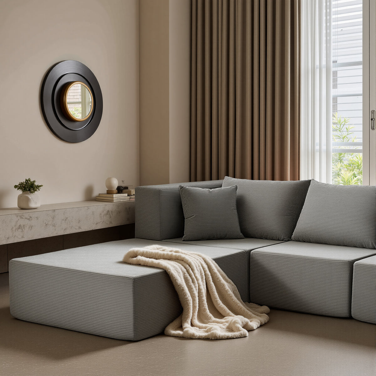 YINIX 140"Corduroy Sectional Sofa for Living Room, Comfy Cloud Couch with Movable Ottomans, Grey