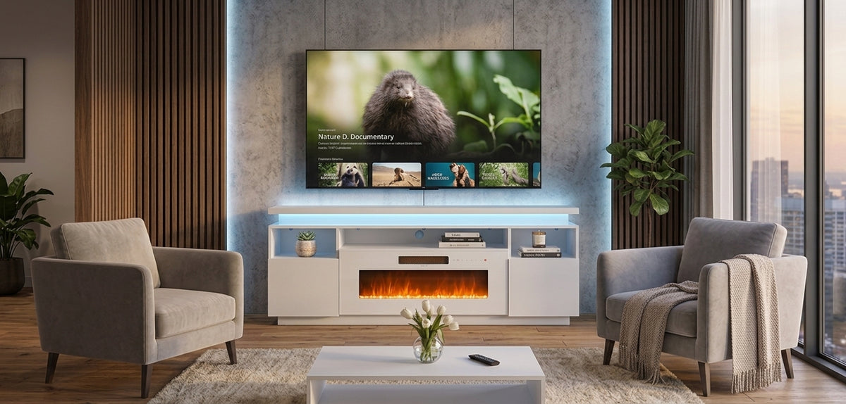 YINIX 67.5" Electric Fireplace TV Stand with 36" Fireplace, TV Console for TVs Up to 75", 8 Flame Colors, 12 Ambient Light Colors, Remote Control